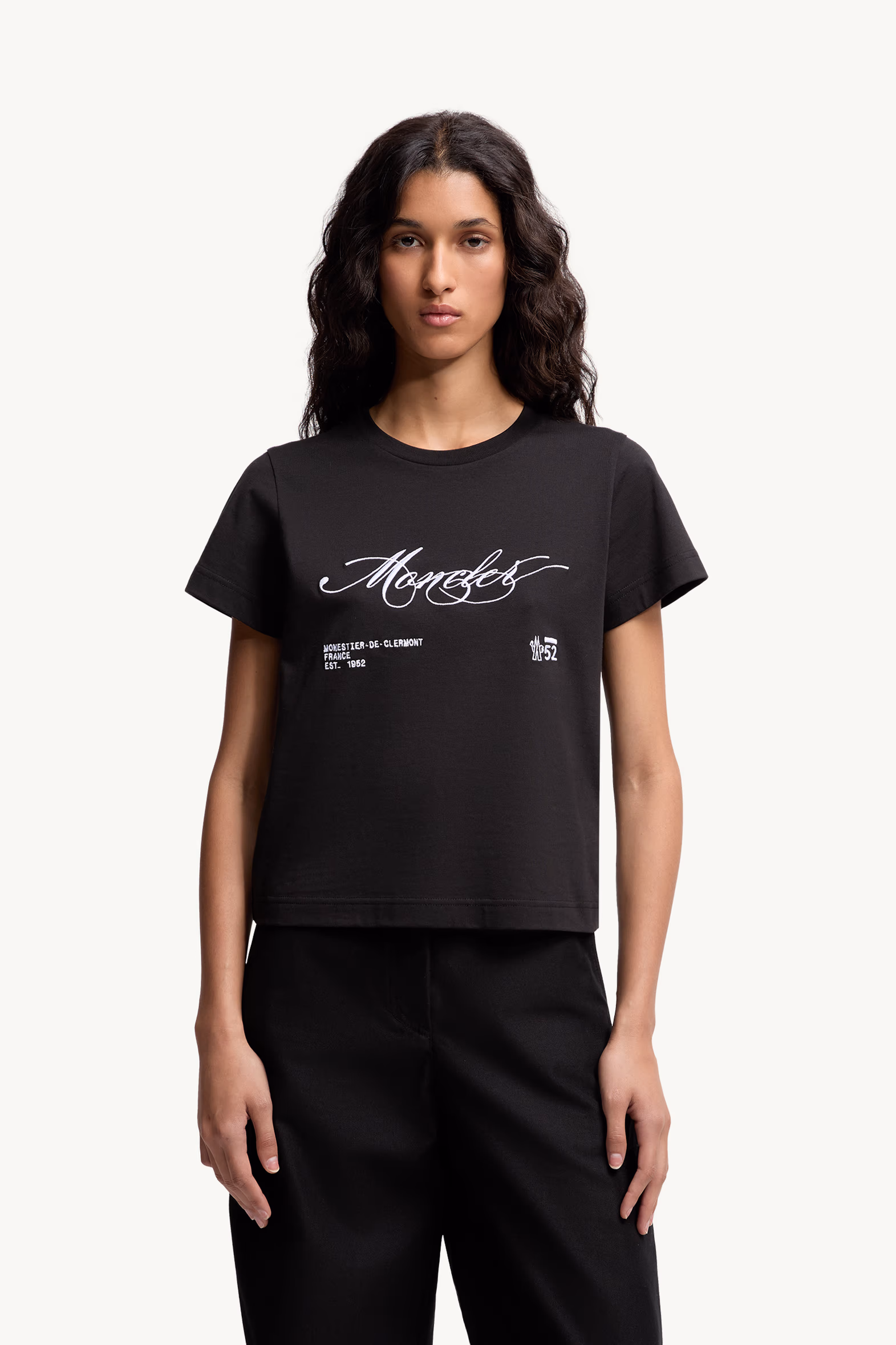 T-shirt en coton à logo lettres cursives brodé Femmes Noir Moncler 3